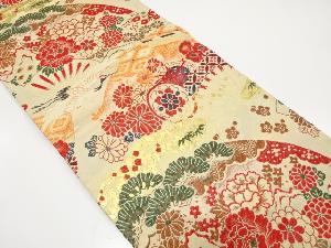 アンティーク　扇に鶴・鼓・草花模様織り出し丸帯（着用可）